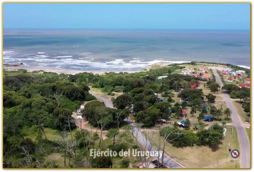 Aerial view of the lodging area over Playa La Moza, with the Atlantic behind